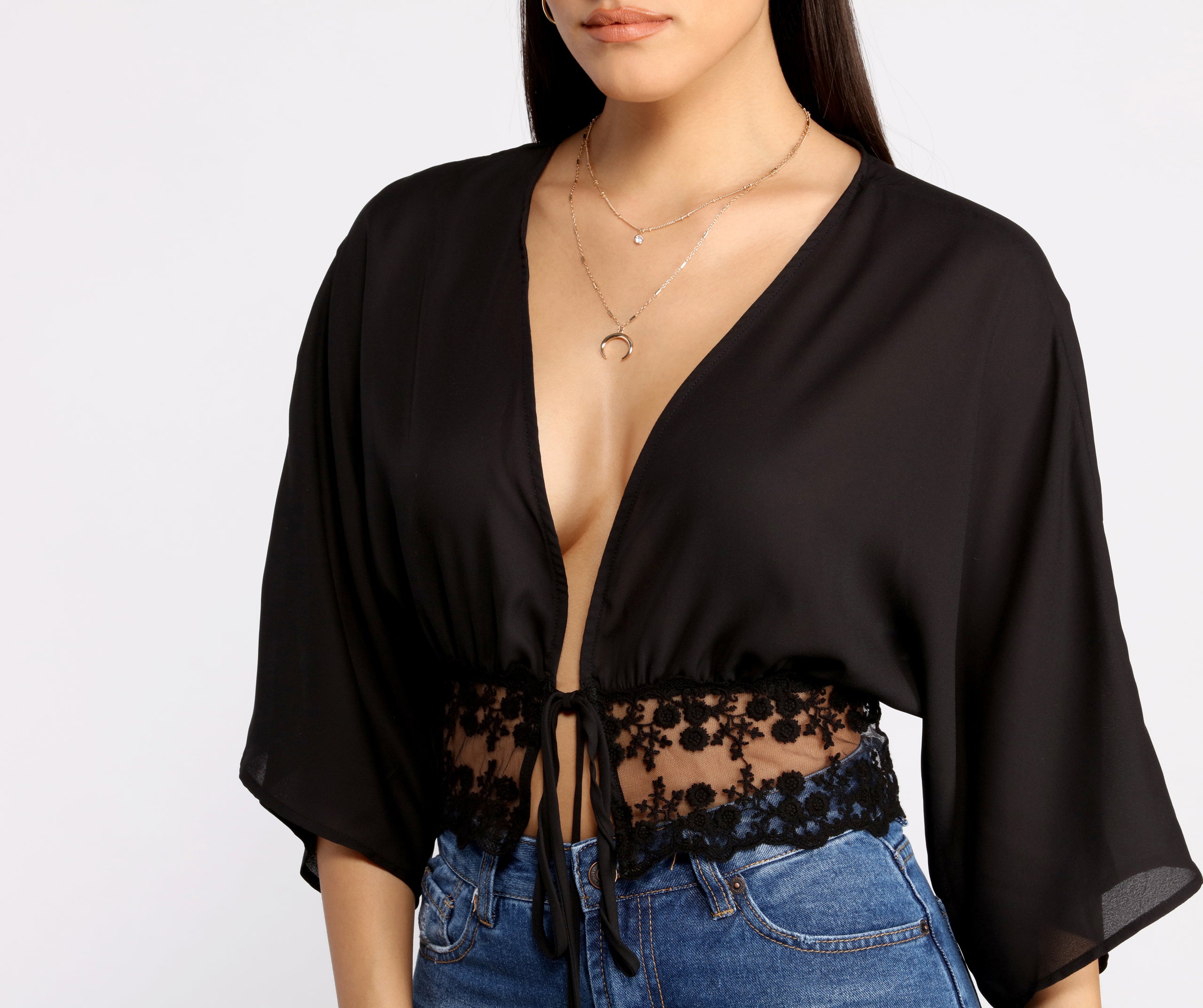 Effortless Vibes Lace Detail Tie Front Top