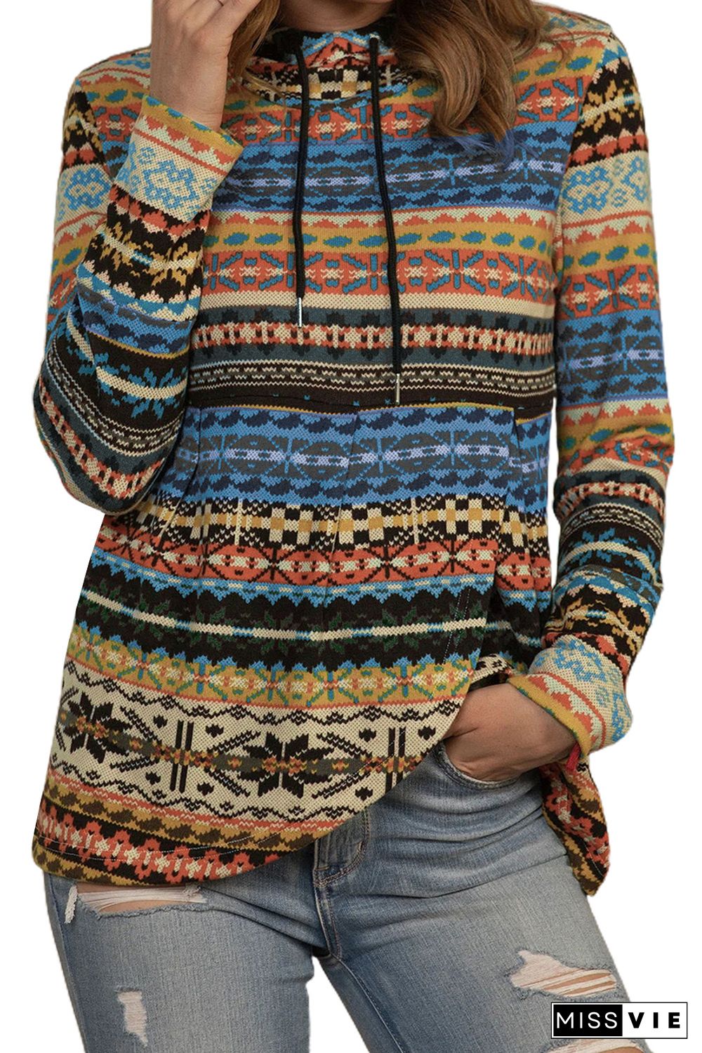 Multicolor Tribal Print Pullover Hoodie