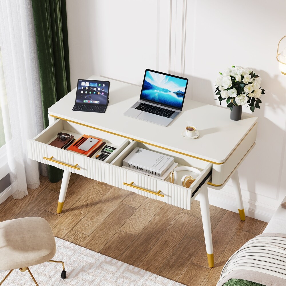 47 Inches Computer Desk with 2 Drawers  White Study Writing Desk