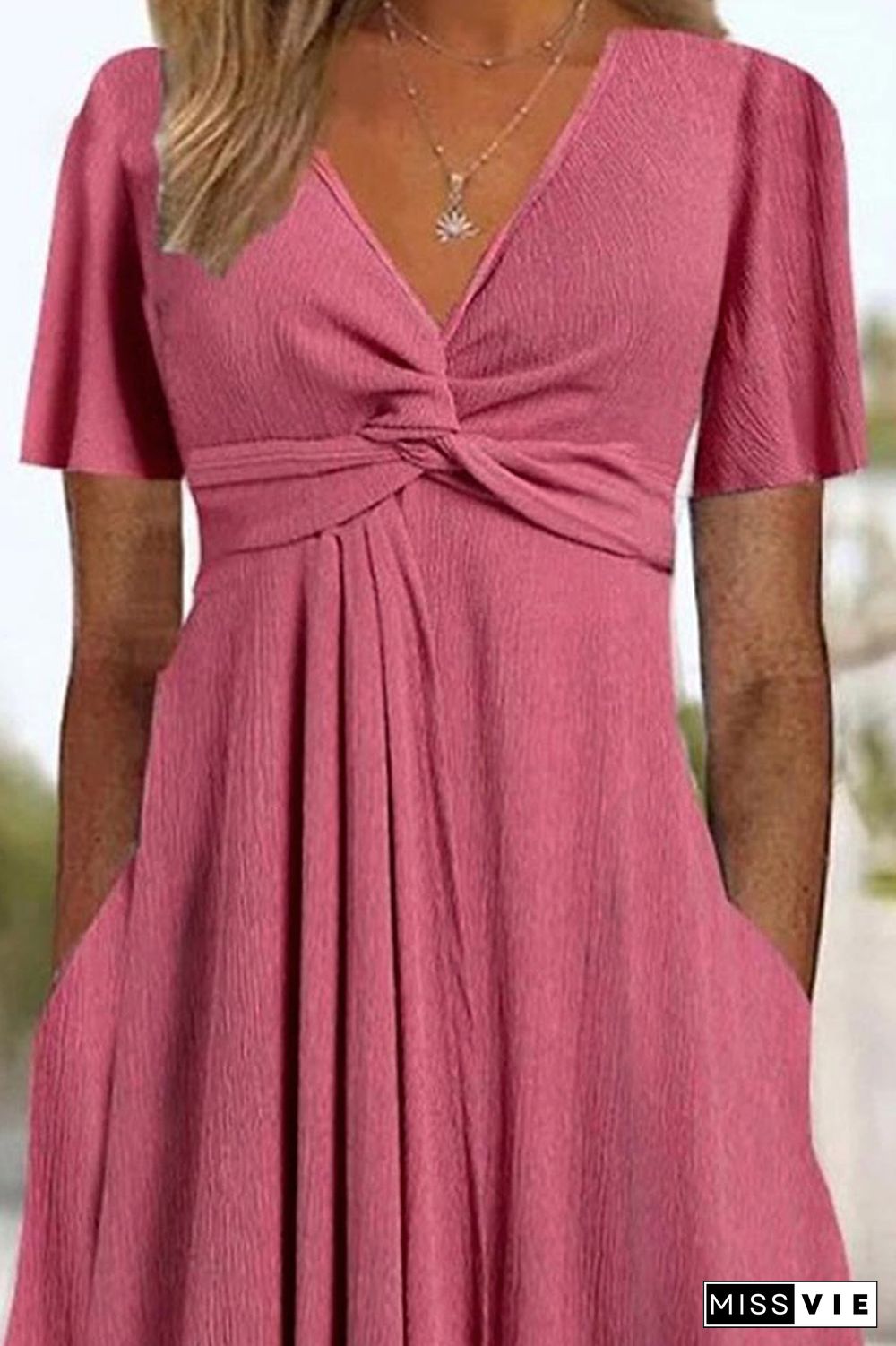 Watermelon V Neck Twisted Pockets Maxi Dress