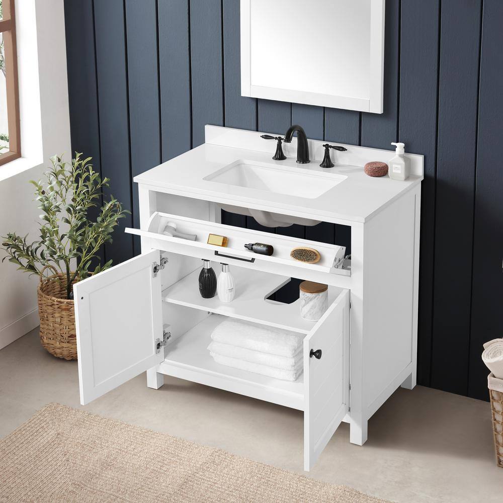 Home Decorators Collection Hanna 36 in. W x 19 in. D x 34.50 in. H Freestanding Bath Vanity in White with White Engineered Stone Top Hanna 36W