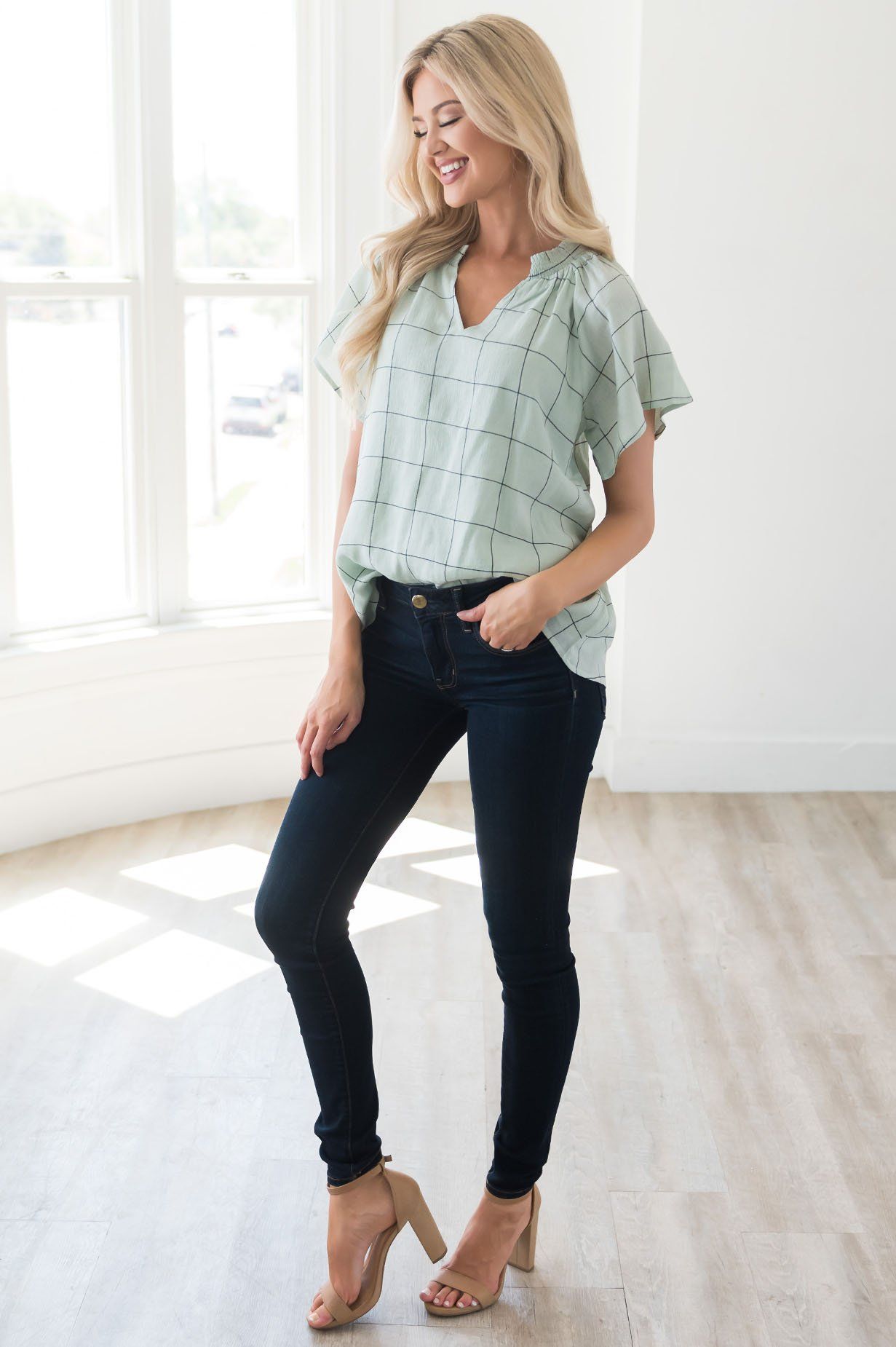 Nine to Five Modest Windowpane Blouse