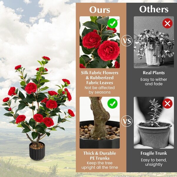 38 Inch Artificial Camellia Tree Faux Flower Plant in Cement Pot