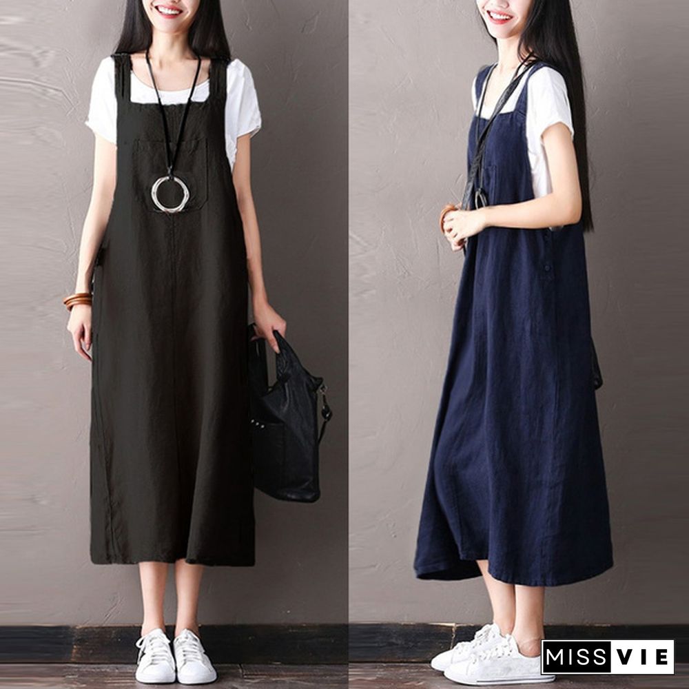 Women Sleeveless Suspender Skirt Casual Pinafores Dungaree Dress Tank Dress Plus