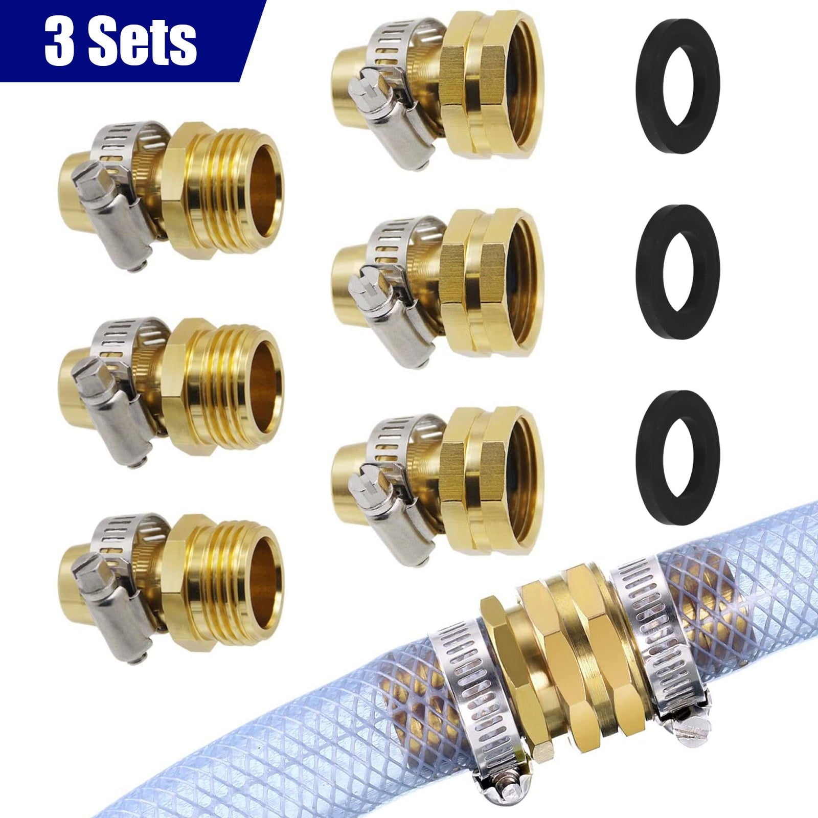 EEEkit 3/4inch Copper Garden Hose Repair Connector with Stainless Steel Clamps， Male and Female Garden Hose Fittings， Mender End Repair Kit， Water Hose End Mender， Fit for 3/4inch Hose Fitting