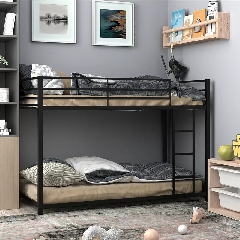 Sturdy Metal Bunk Bed Frame Twin Over Twin with Safety Guard Rails and Side Ladder