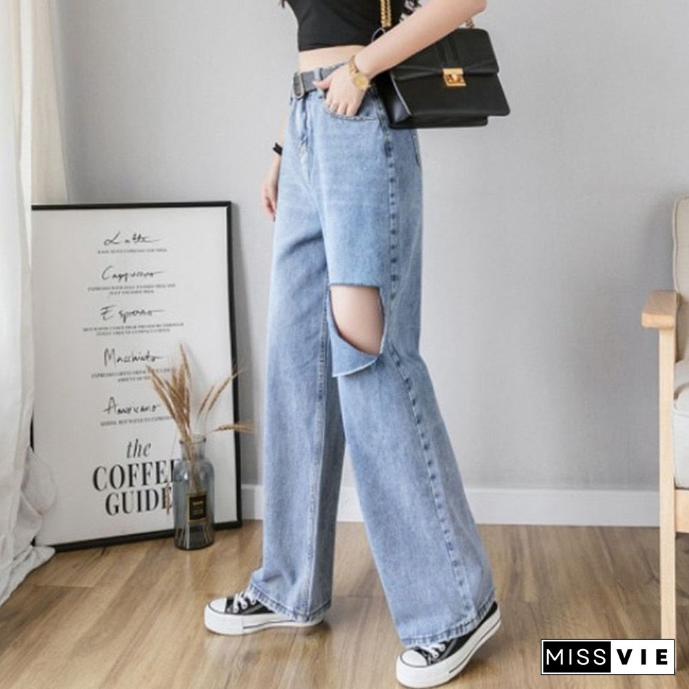 Woman Jeans High Waist Ripped Jeans Autumn Winter For Clothes Wide Leg Denim Clothing Blue Streetwear Fashion Vintage Pants