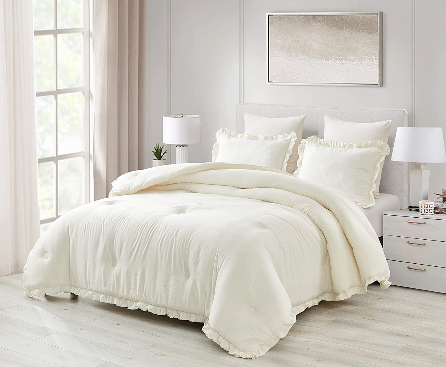 Chezmoi Collection Nora 2-Piece Ivory Ruffled Edge Trim Microfiber Comforter Set， Twin Size