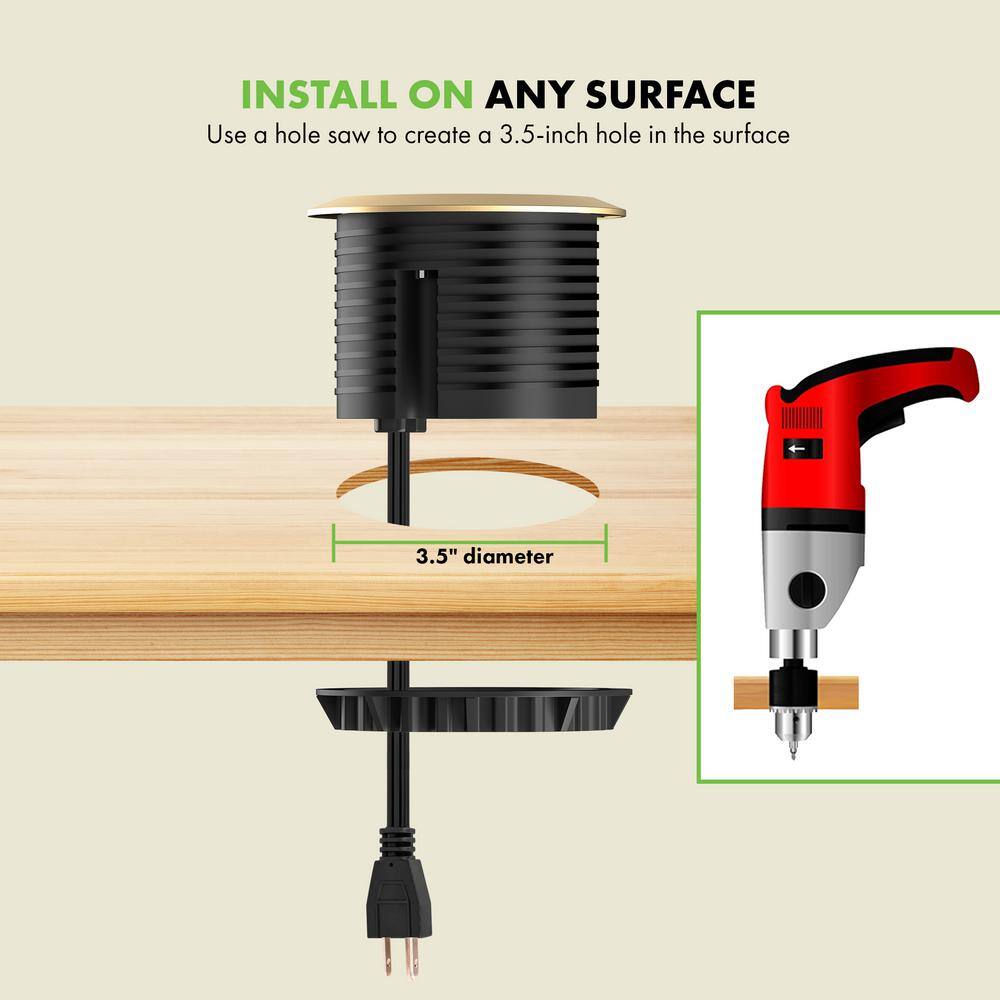 TOPGREENER 12 Amp 2-Outlets Desktop Grommet 60-Watt Power Delivery Type C Port 3-USB Charging Ports Gold TTRP48APD60-GD