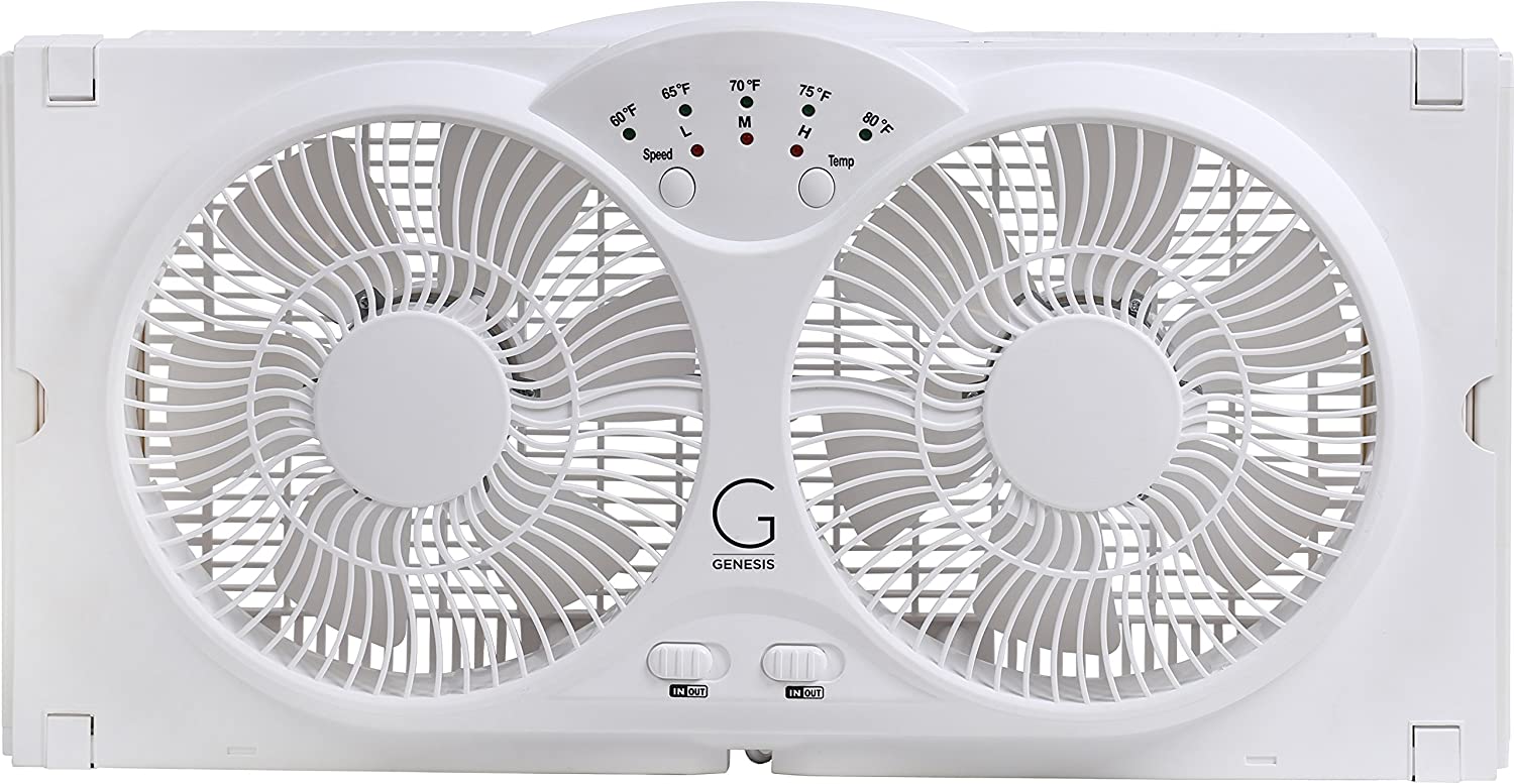 Genesis Twin Fan High Velocity Reversible AirFlow Fan， LED Indicator Lights Adjustable Thermostat and Max Cool Technology， ETL Certified， White (A1WINDOWFAN)