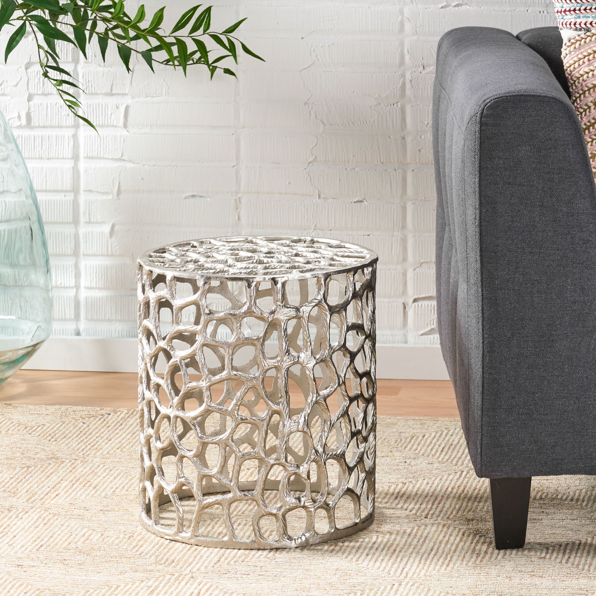 Graciela Modern Iron Mesh Accent Table, Nickel Antique