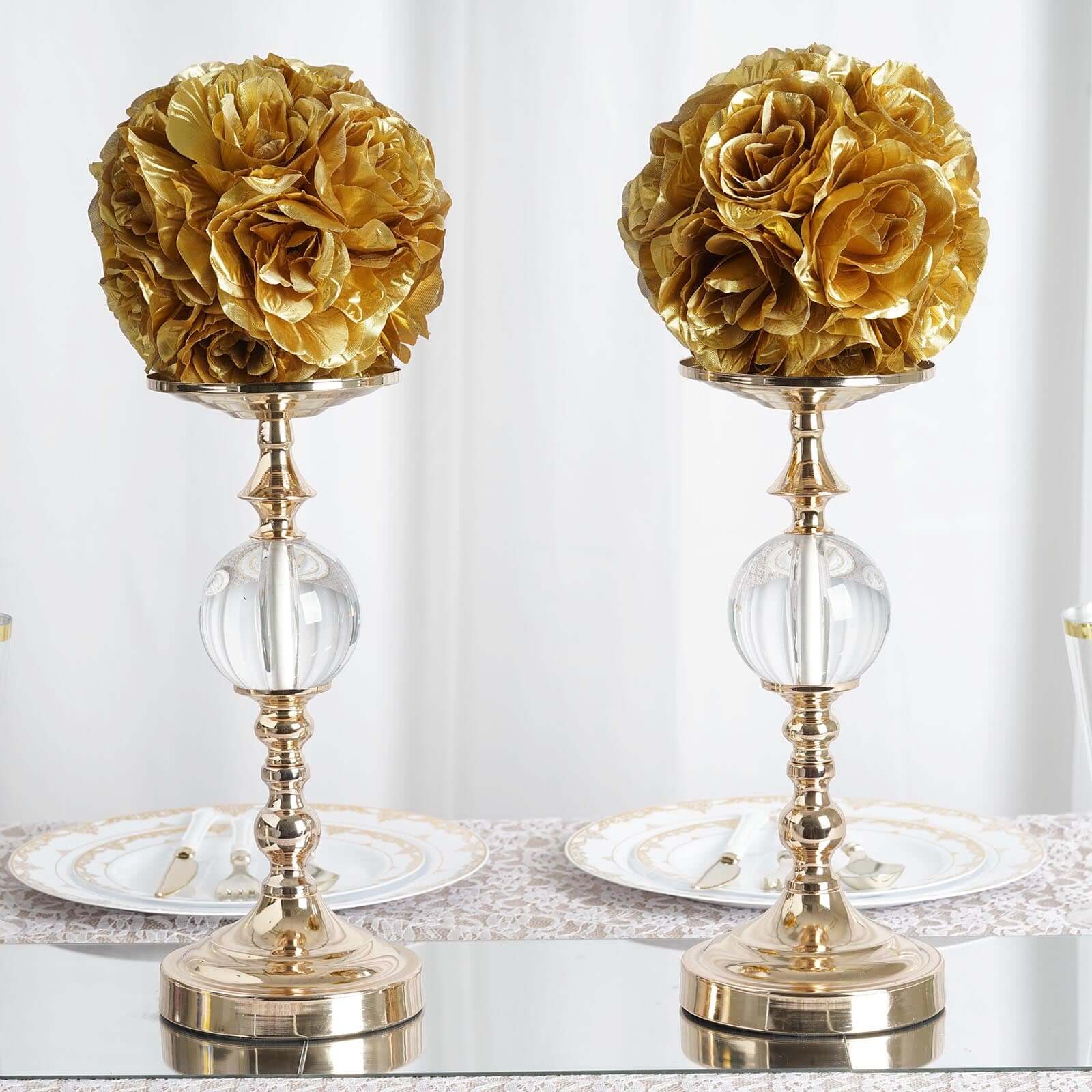 2 Pack Gold Artificial Silk Rose Kissing Ball, Faux Flower Ball 7