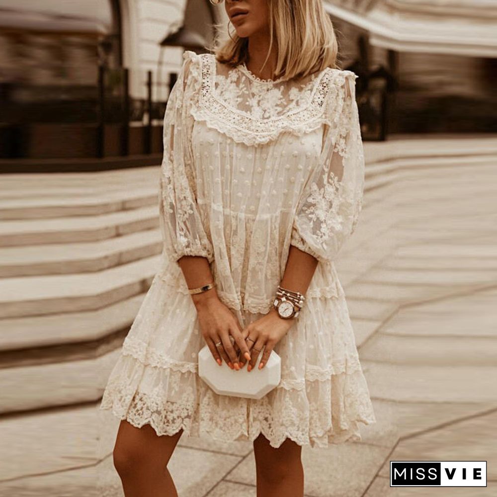 Women Elegant Lace Embroidery Party Dress Fashion Vintage Ruffle 3/4 Sleeve Dresses Ladies Sexy O-Neck Solid Sheer-Mesh Dress