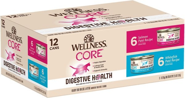 Wellness CORE Digestive Health Salmon and Whitefish Pate Grain-Free Variety Pack Wet Cat Food， 3-oz， case of 12