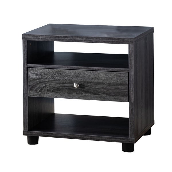 1 Drawer Wooden End Table with 2 Open Shelves， Gray