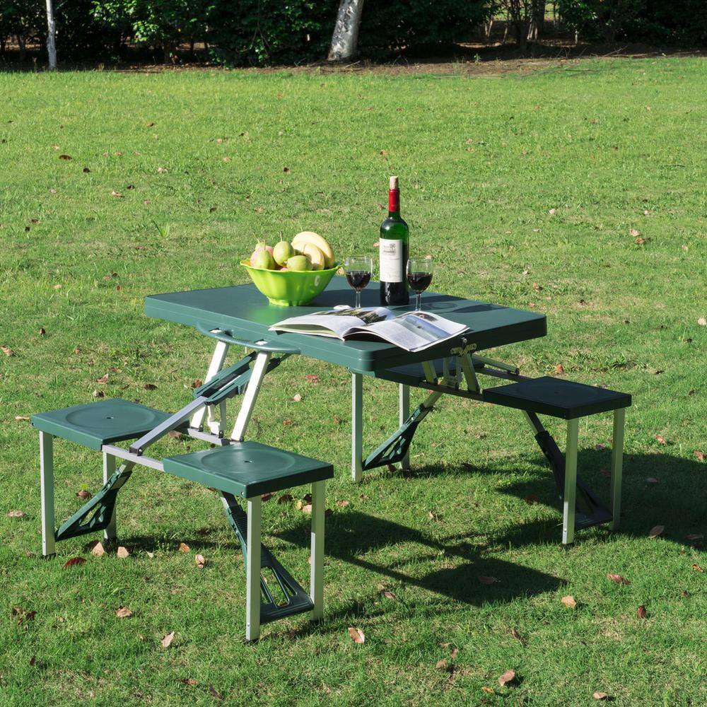 Outsunny 4-Person Green Plastic Portable Compact Folding Suitcase Picnic Table Set with Umbrella Hole and Simple Setup 01-0402