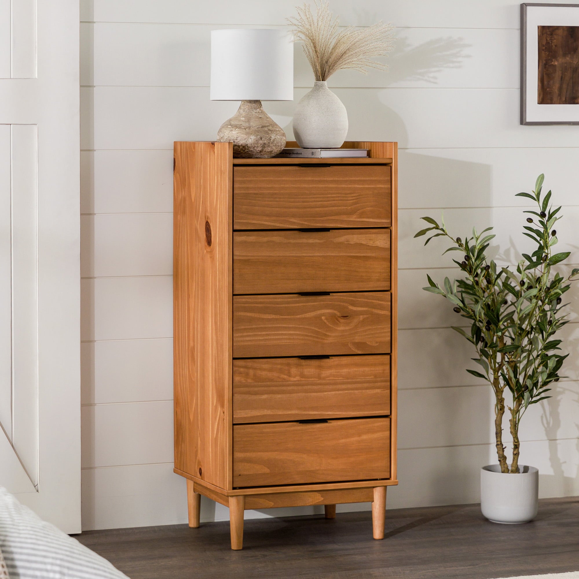 Manor Park 43” Mid-Century Modern Gallery-Top 5-Drawer Dresser, Caramel