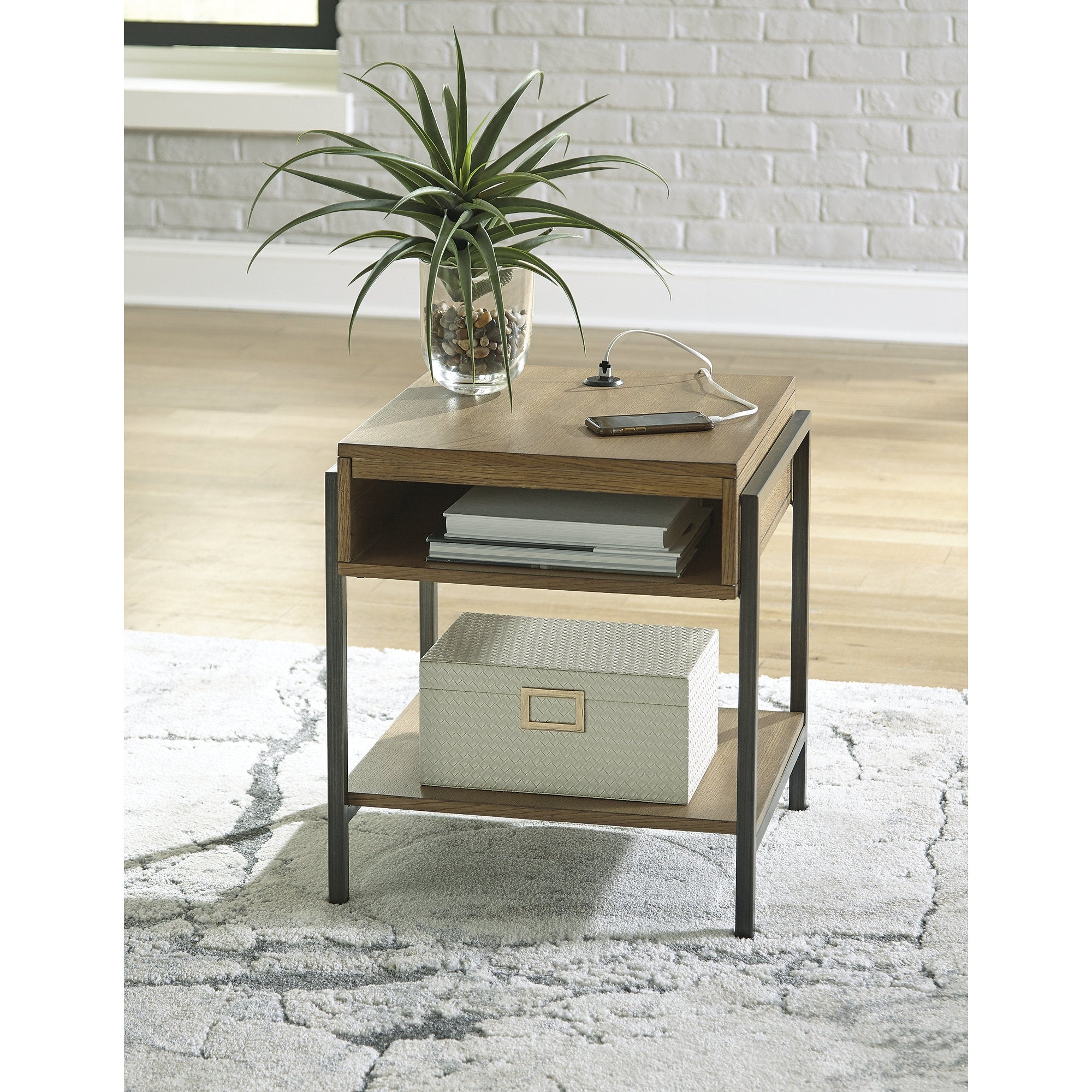 Signature Design by Ashley Fridley Brown/Black Square End Table with Dual USB Charging Port