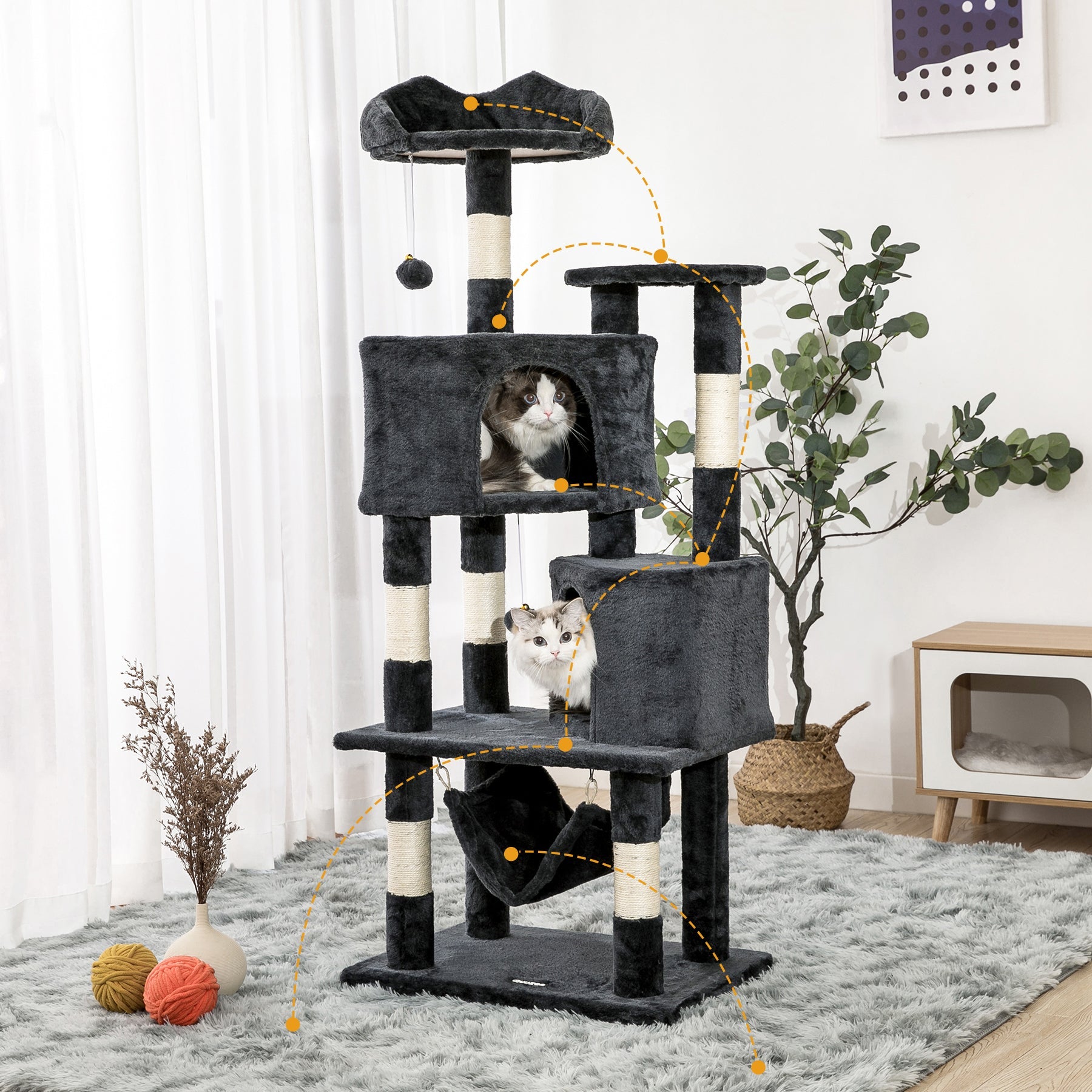 Quuzee 51.6-in Cat Tree Tower with Double Condo,Scratching Post Hammock,Somky Gray