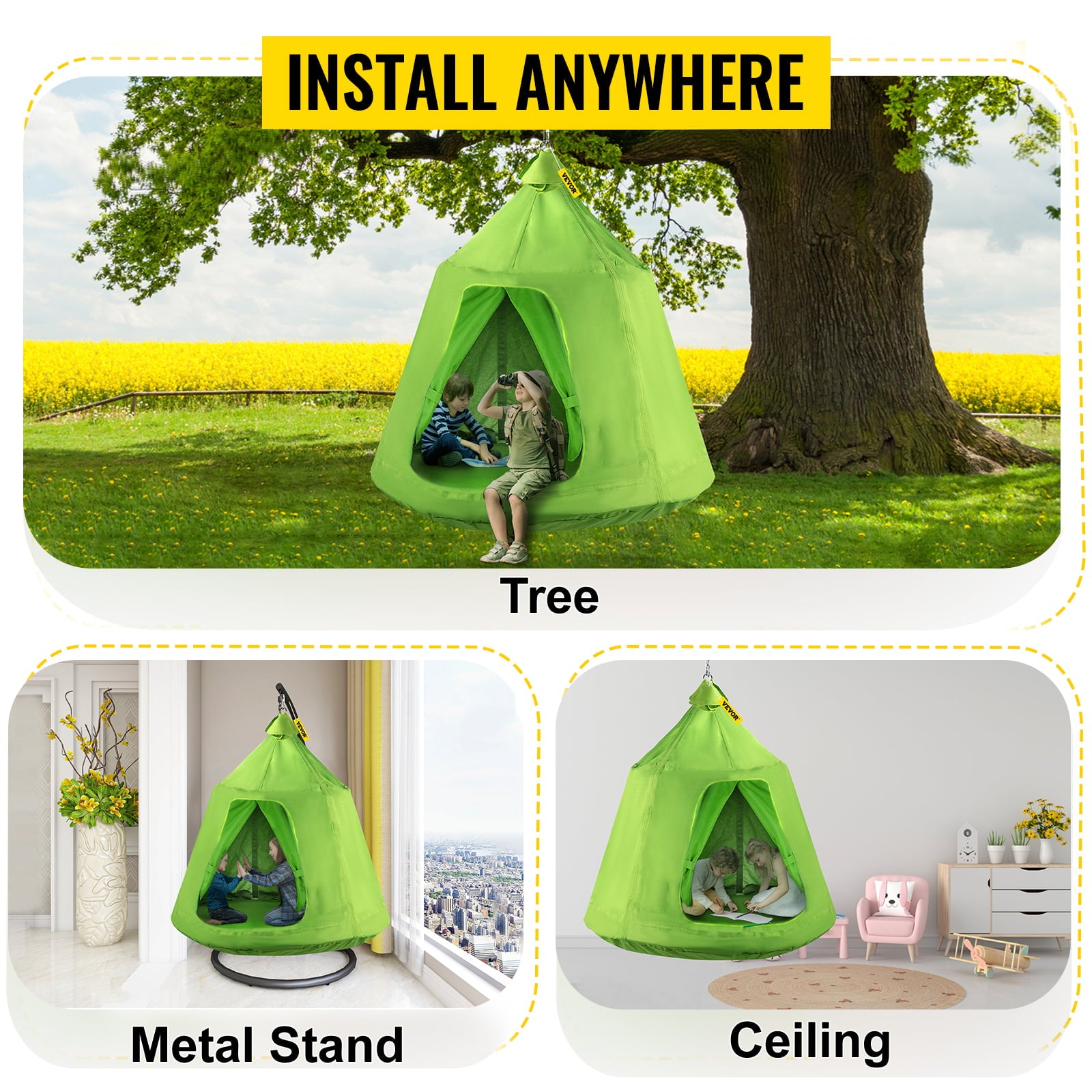 VEVORbrand 43" Hanging Tree Tent for Kids & Adult, Max.440lbs Capacity  Indoor Outdoor Swing Tree Tent Hammock Green