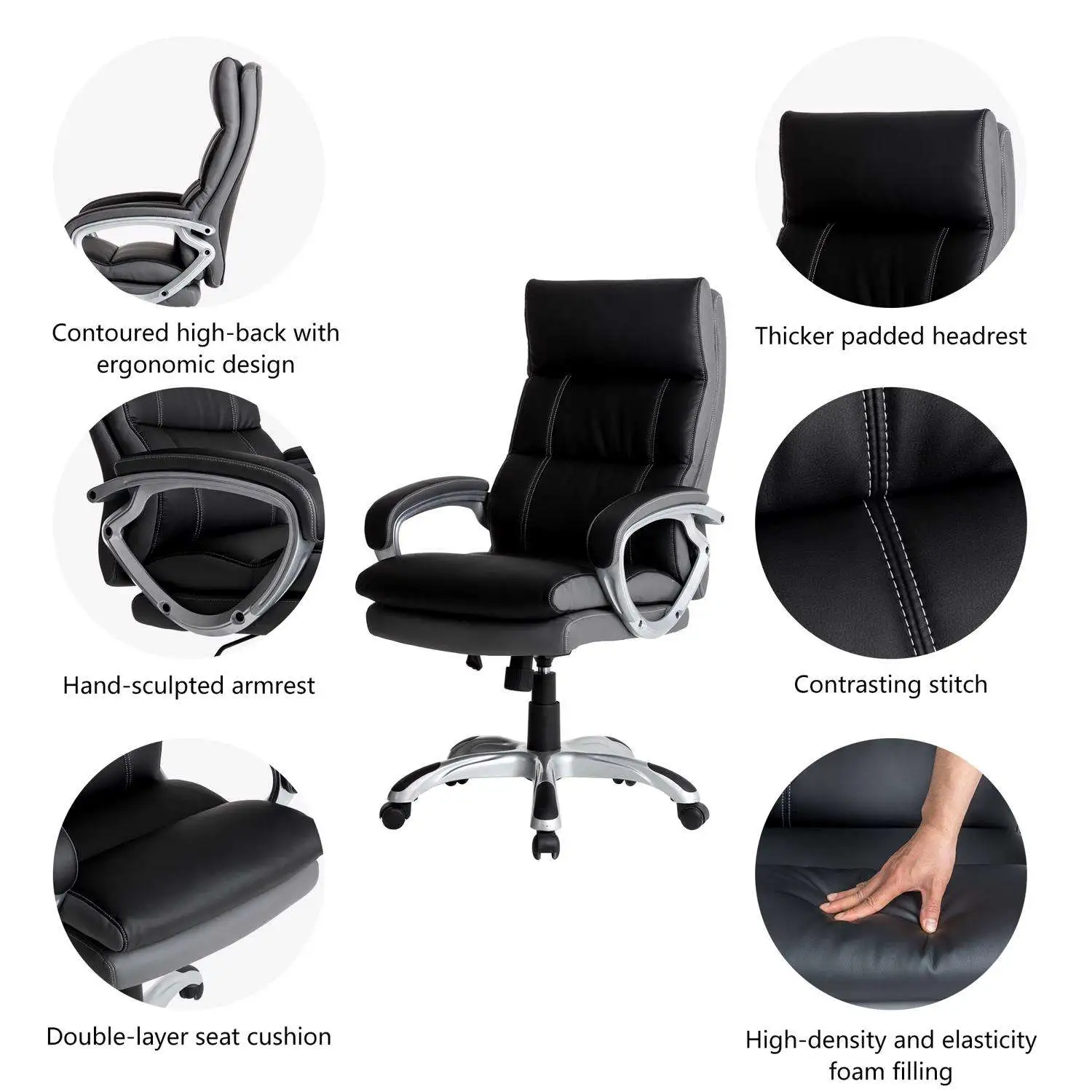 Glitzhome Black Faux Leather Office Chair