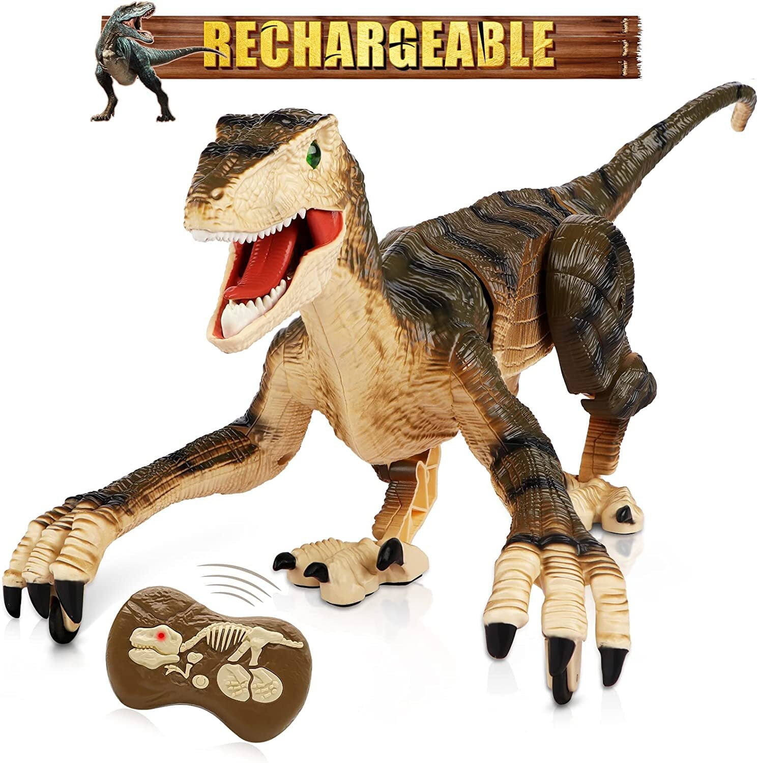 Beefunni Remote Control Dinosaur Toys for Kids，Walking and Roaring Simulation Velociraptor Dinosaur Toys for Boys Girls 3-12 Years