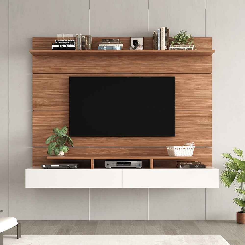 Wall Mounted Floating 80'' Relief TV Stand  Modern Entertainment Center with 2 Drop Down Doors and Multi Purpose Cabinet