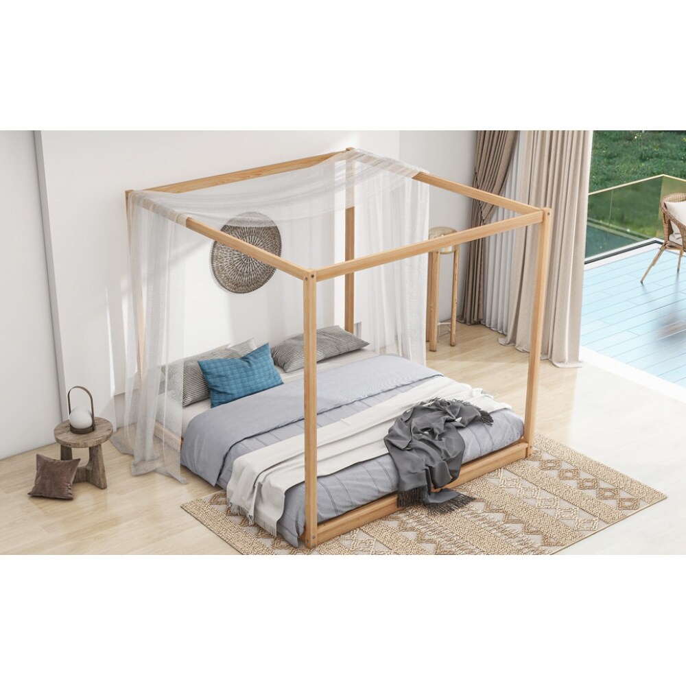 King Size Canopy Bed  Wooden Platform Bed  Modern Style Canopy Platform Bed  Luxury Large Bed Frame