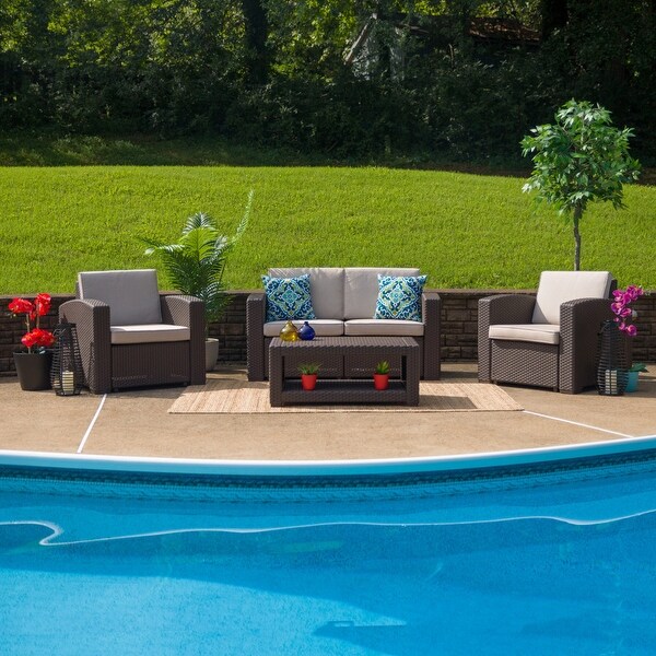 4 Piece Outdoor Faux Rattan Chair， Loveseat and Table Set in Chocolate Brown - Overstock - 27415352