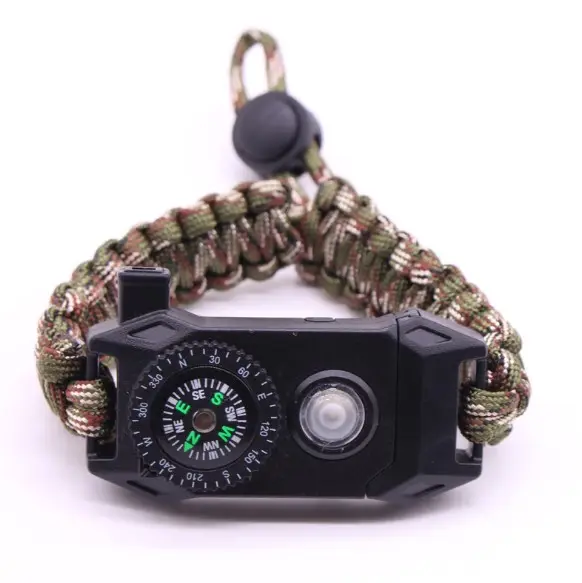 Outdoor Multifunctional with LED Compass Survival Whistle Pocket Knife Adjustable Emergency Umbrella Rope Bracelet