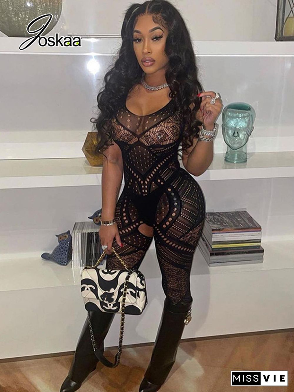 Joskaa Hollow Out Mesh See Through Black Jumpsuit Summer Women Fashion One Piece Outfits Sexy Party Club Bodycon Rompers