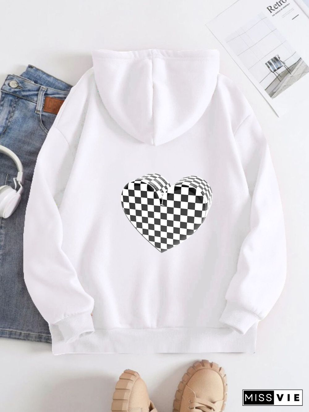 Printed on the Back Kangaroo Pocket Hoodie Long Sleeve for Women Pattern Plaid love pattern