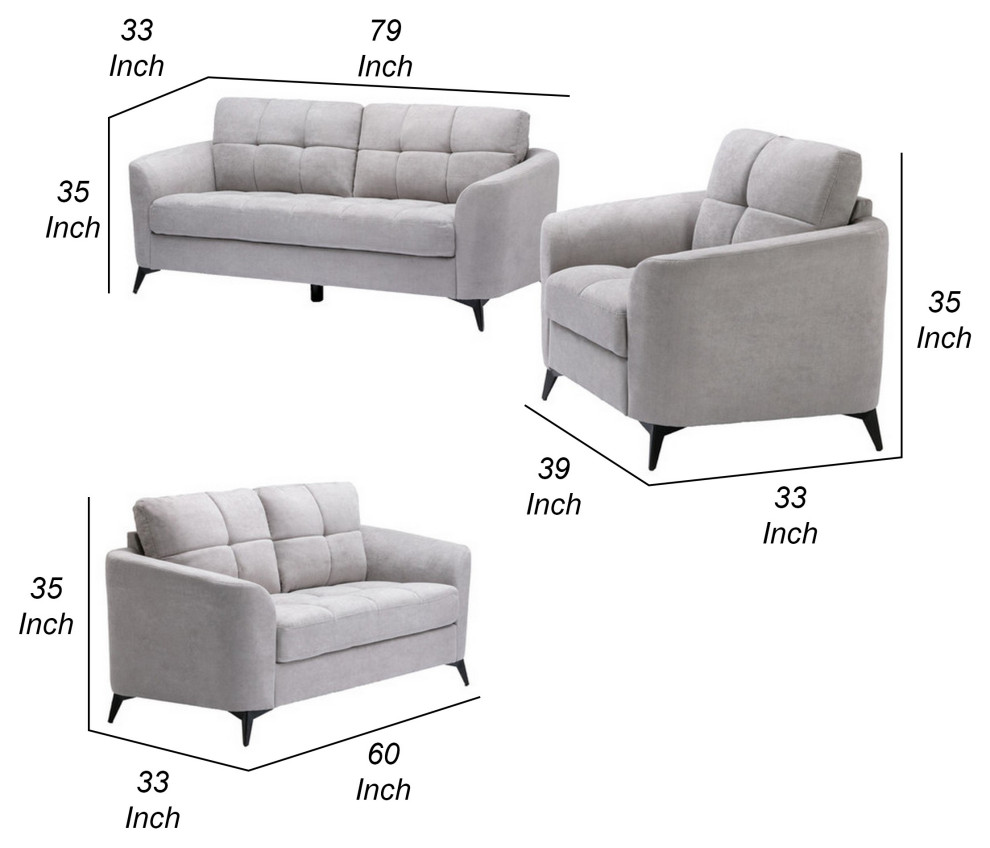 Benzara BM287961 Sofa  Loveseat  Chair Set  Tufted Cushions  Light Gray Velvet   Midcentury   Living Room Furniture Sets   by Uber Bazaar  Houzz