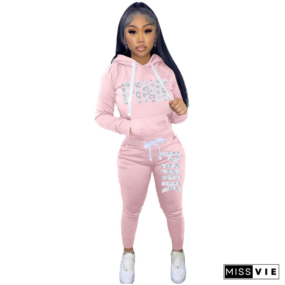 PINK Letter Print Hoodie Sweatshirt 2 Piece Pants Sets