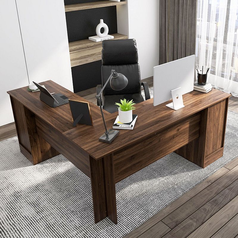 L-Shaped Office Desk with Storage Drawers and Keyboard Tray