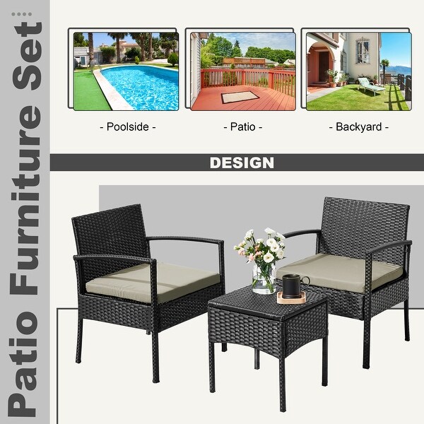 Outdoor Furniture 3 Piece Patio Bistro Furniture Set，Rattan Conversation Chairs Set with Side Table and Cushions