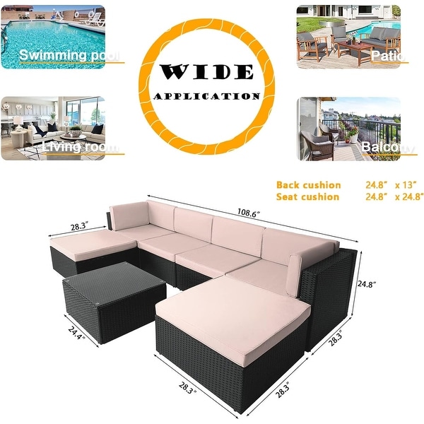 Bossin 7 Pieces Patio Furniture Sets，Outdoor Sectional Sofa，Rattan Wicker Couch with Washable Cushions and Glass Table