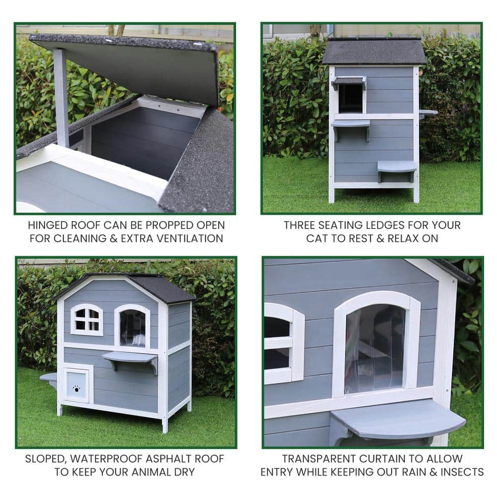 Hanover Outdoor Cat House with 2-Levels, Waterproof Roof, Escape Doors and Ledge Seating HANCH0101-WG