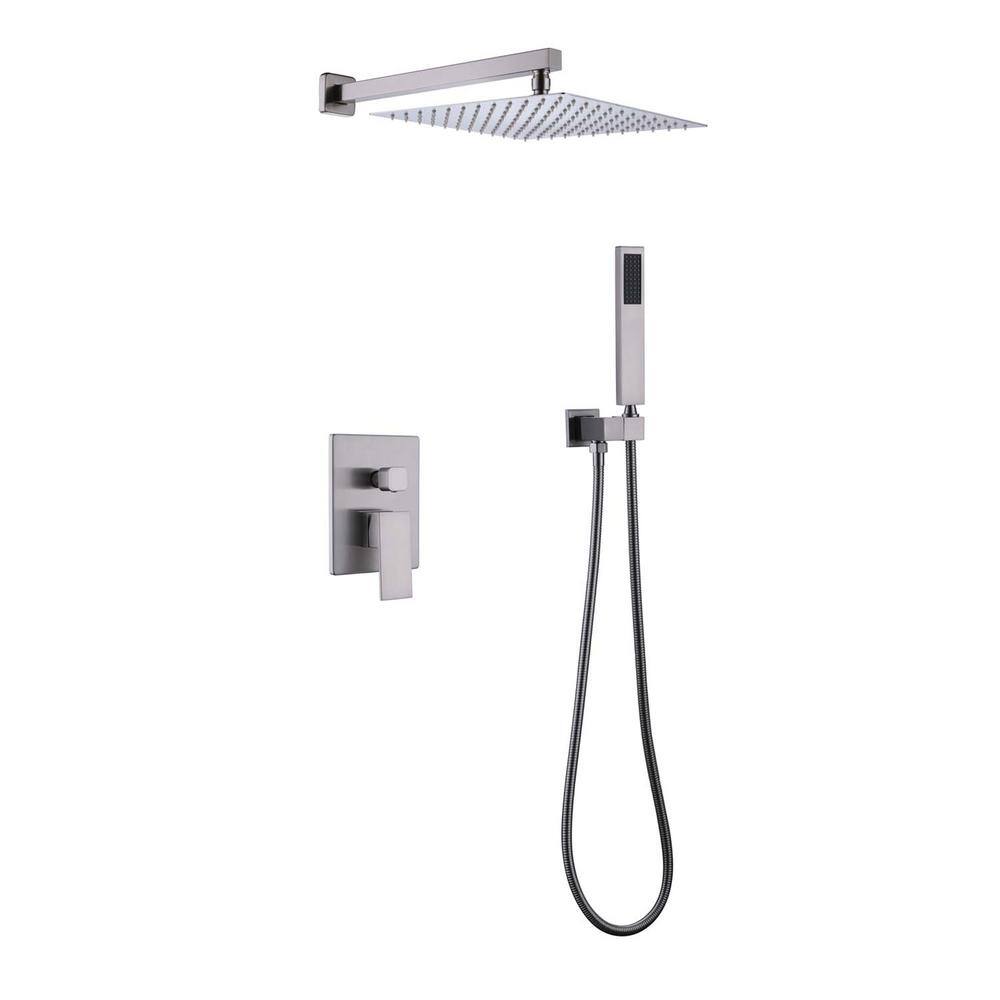 GIVING TREE 2-Spray Square 12 in. Rain Shower Head with Single-Handle Hand Shower Faucet in Brushed Nickel HDYN-MM0004