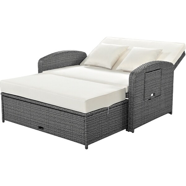 Modern Convertible Cushioned Sofa Bed Outdoor Rattan Wicker 2person Chaise Lounge with Adjustable Backrest and Holder Board