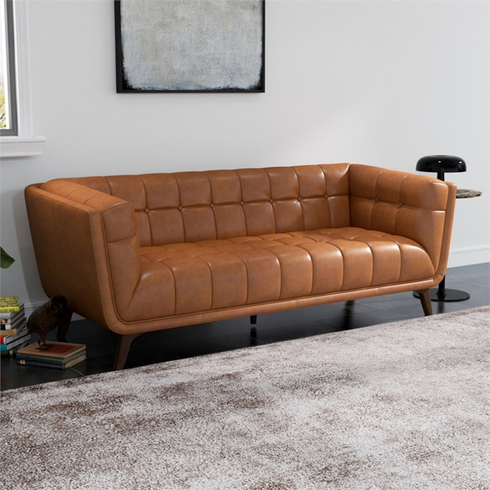 Pemberly Row Mid Century Aniline Leather Tufted Back Sofa in Tan   Transitional   Sofas   by Homesquare  Houzz