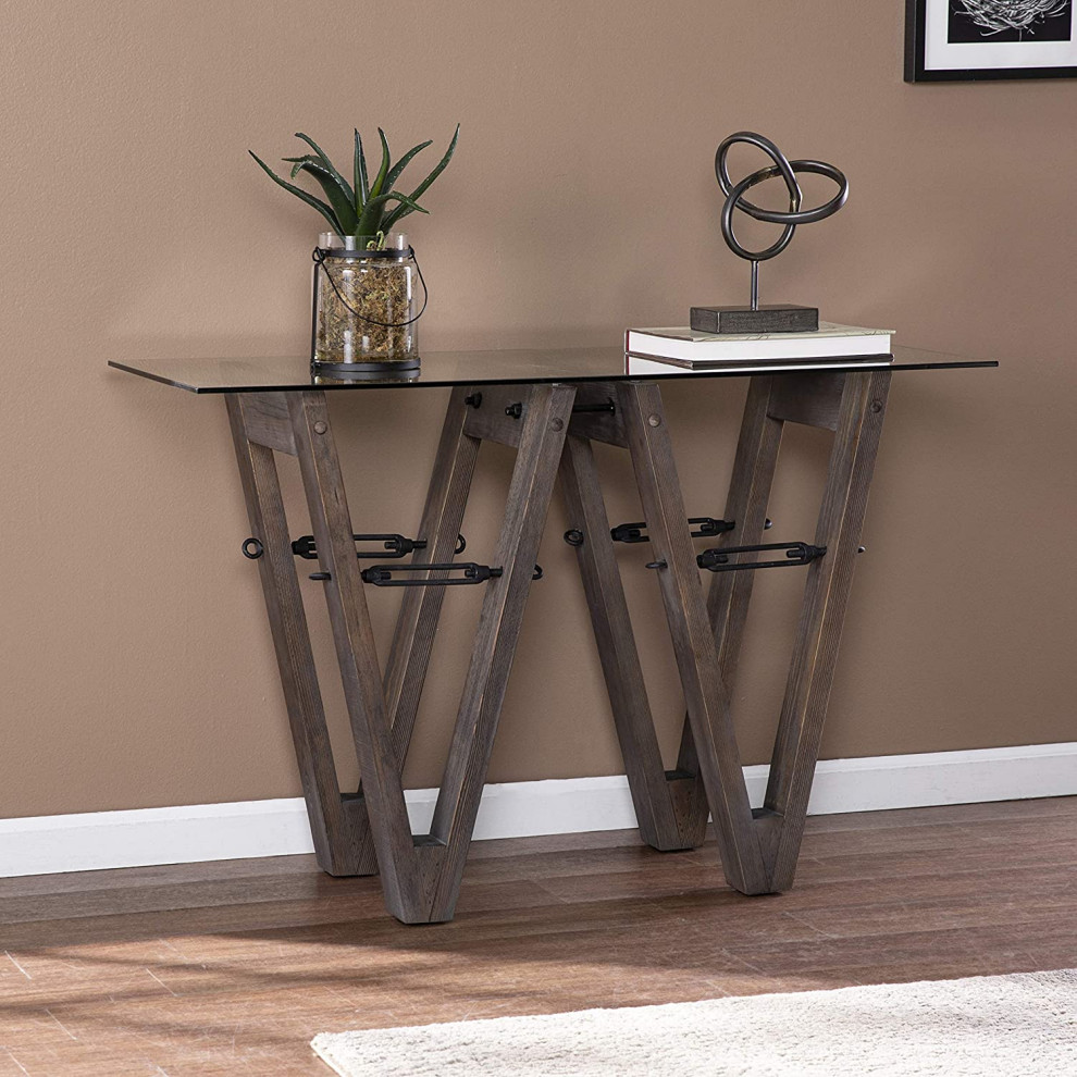 Industrial Modern Console Table  Unique Wooden Base With Tempered Glass Top   Transitional   Console Tables   by Declusia  Houzz