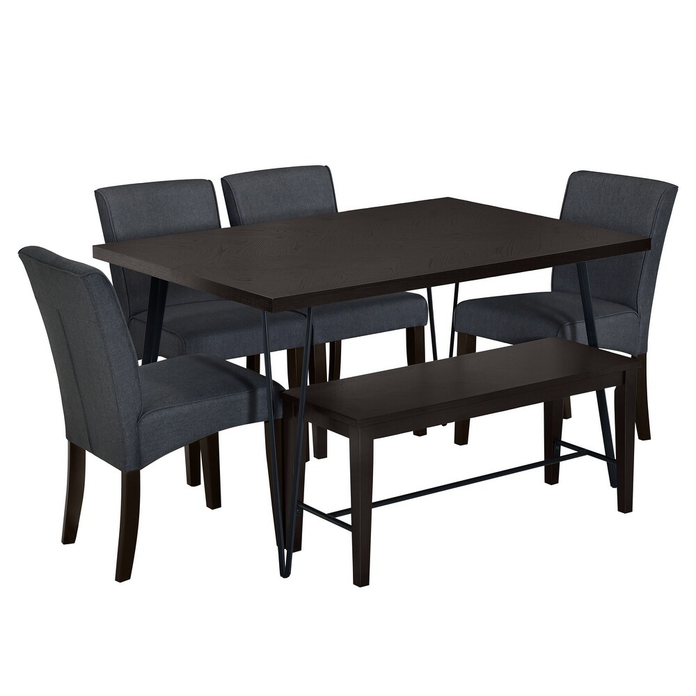 6 Piece Rectangular Dining Table Set w/Upholstered Chairs   Bench