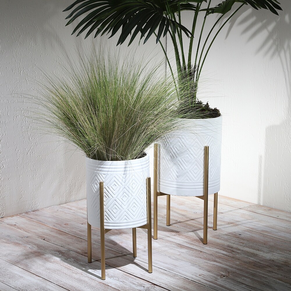 Indoor Outdoor Aztec Planters on Metal Stand  Set of 2  White and Gold  14 L x 14 W x 23 H   14\