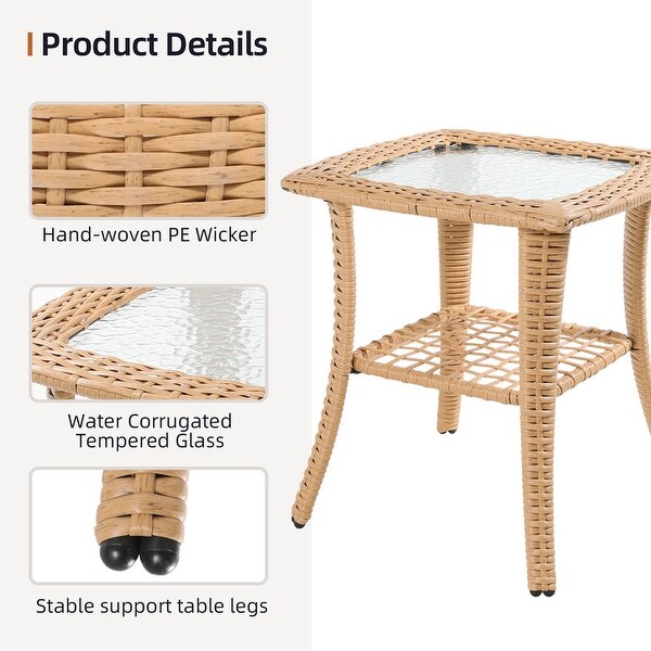 Patio Watcher Outdoor PE Rattan Side Table with 5mm Tempered Glass Top