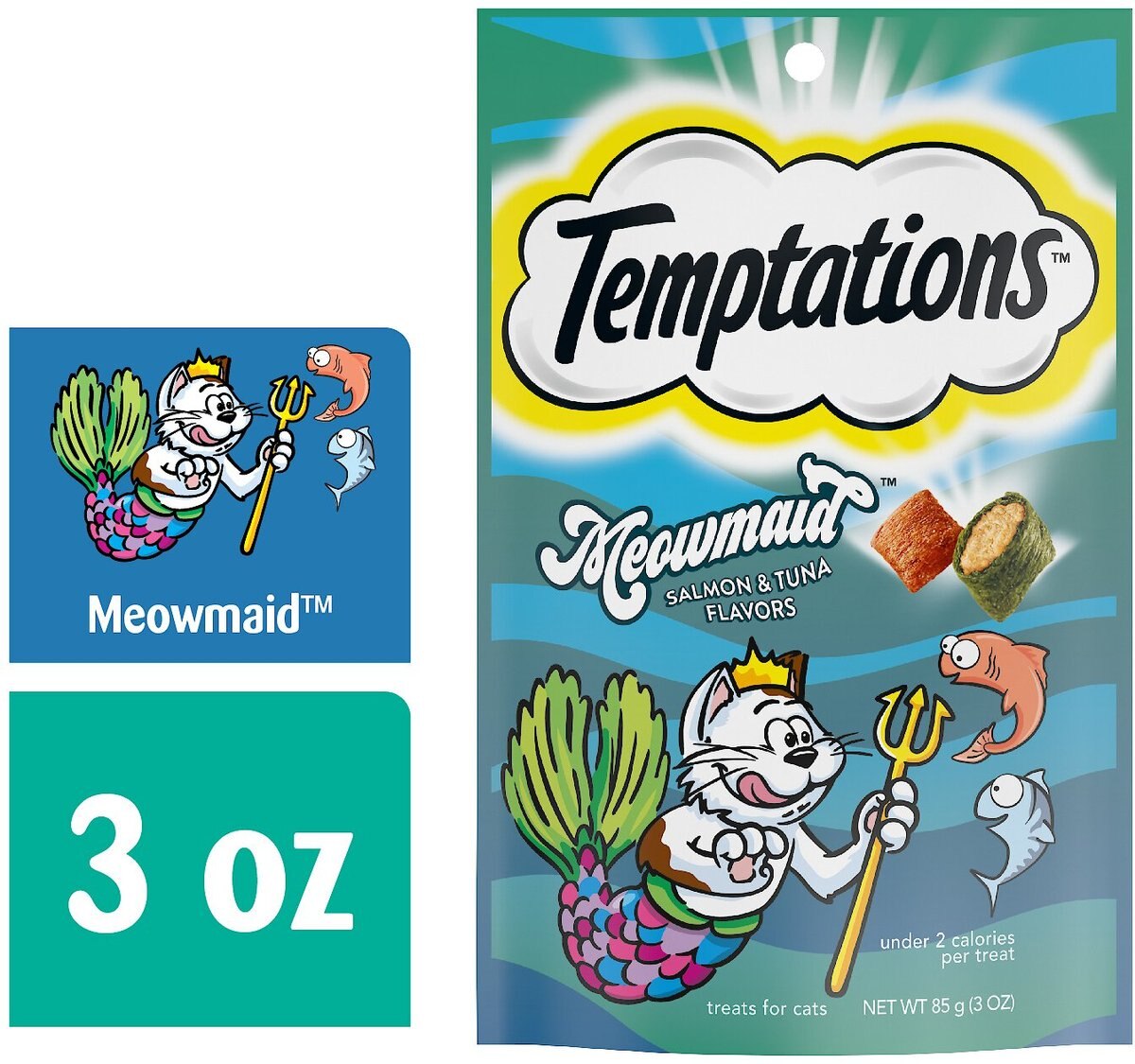 Temptations MixUps Meowmaid Salmon and Tuna Flavors Crunchy and Soft Cat Treats， 3-oz bag