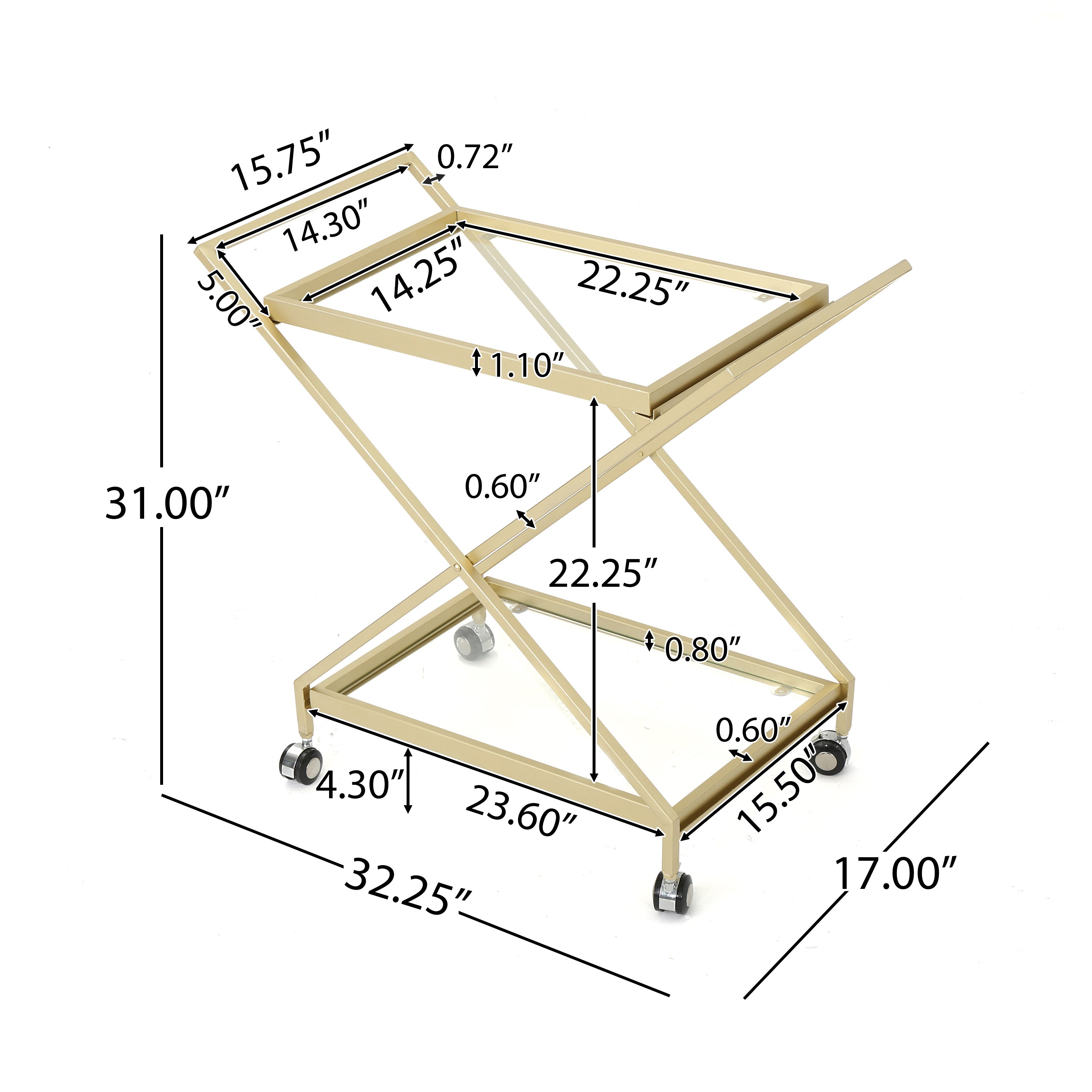 Easter Indoor Industrial Iron and Glass Bar Cart, Gold