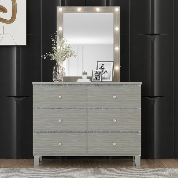 Wood Dresser and Mirror with 6 Drawers，LED Lights Mirror - - 37857321