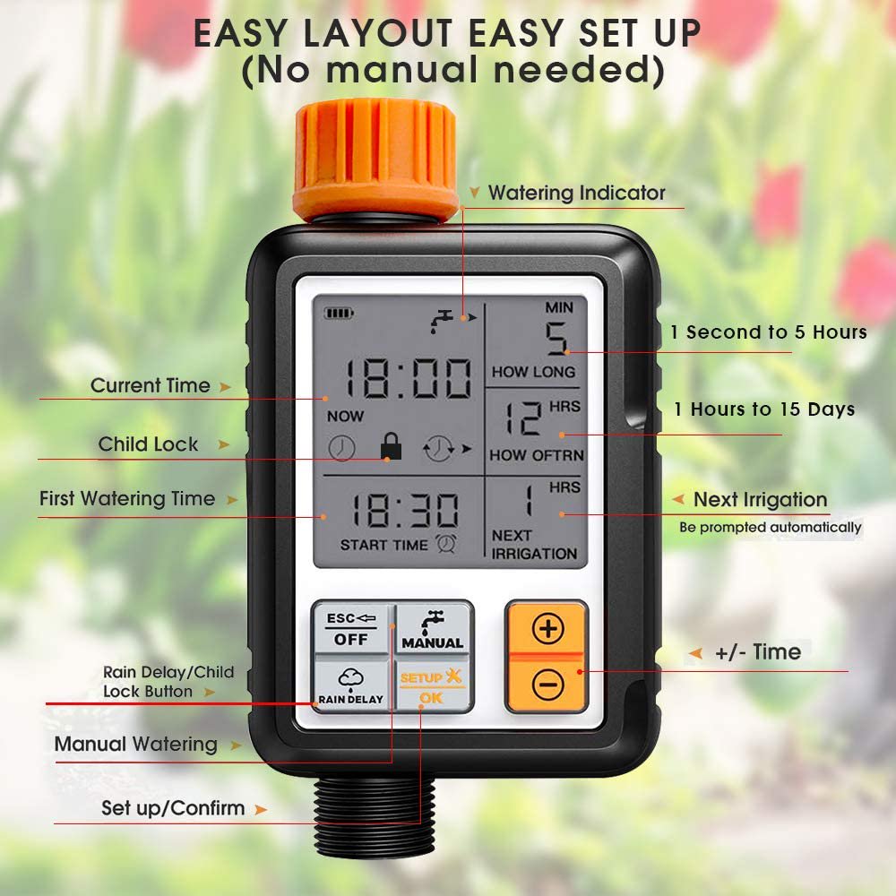 SSAWcasa Digital Irrigation Programmable Water Timer - IP65 Water Proof Garden Lawn Hose Faucet Sprinkle Watering Timer， Rain Day/Child Lock Mode/AutoandManual Mode