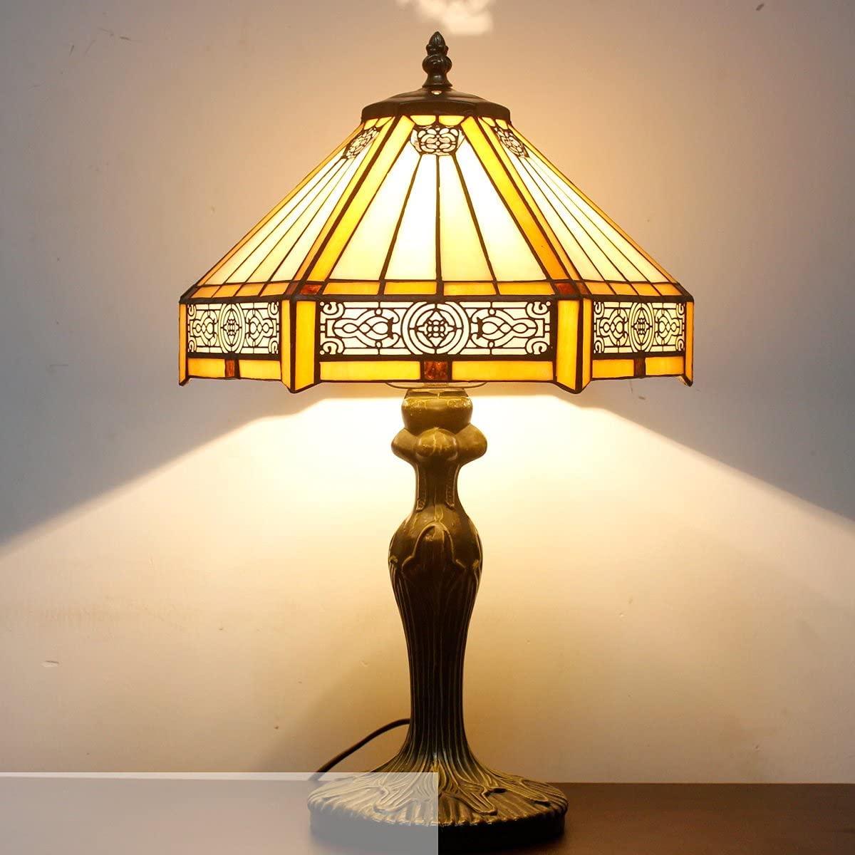 SHADY Tiffany Lamp Yellow Hexagon Stained Glass Mission Style Table Lamp Desk Bedside Reading Light 12X10X18 Inches Decor Bedroom Living Room Home Office S011 Series